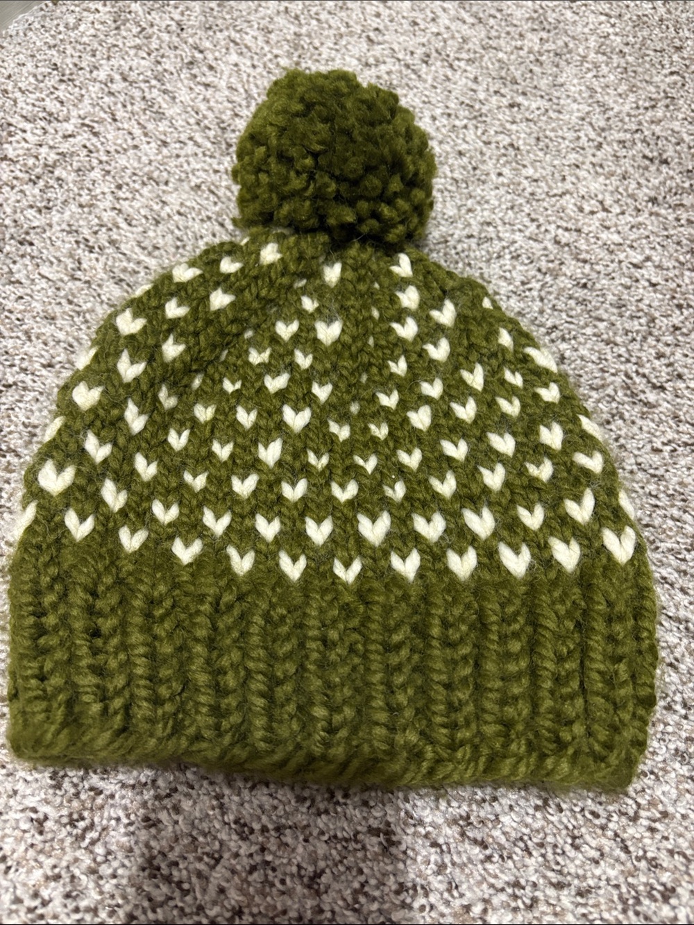 Women’s Olive Green Handmade Pom Beanie with Cream Accents